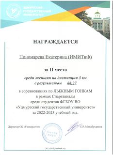 Диплом Пономарева Екатерина Лыжные гонки (жен)